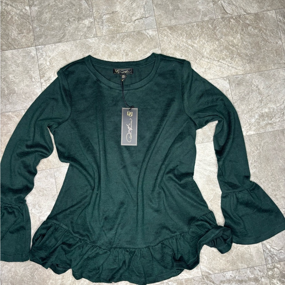 DG2 by Diane Gilman Deep Green Ruffle Long Sleeve Top
